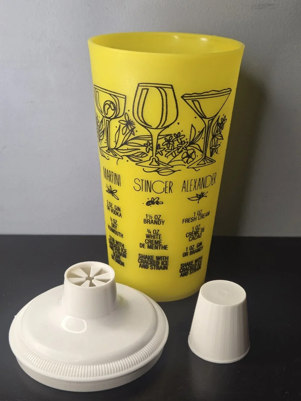 Vintage MCM 1960s Yellow Cocktail Shaker w Cap+ Strainer + Cocktail Recipes